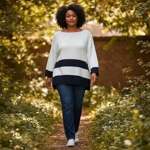 Pure HandKnit White Blue Striped Cotton Lagenlook Pullover Sweater Size L/XL